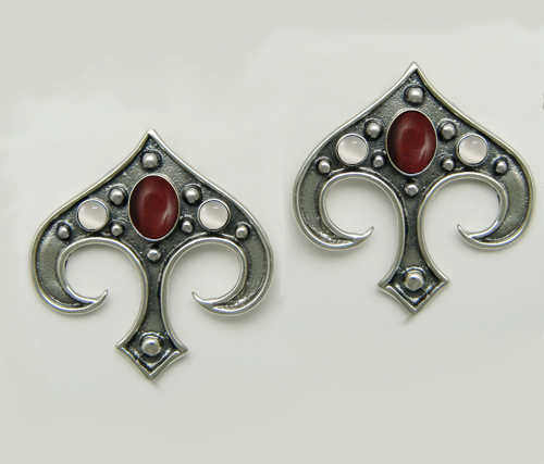 Sterling Silver Gothic Inspired Drop Dangle Earrings With Red Tiger Eye And White Moonstone